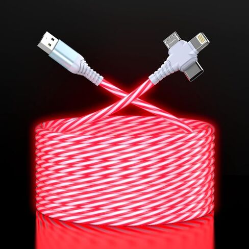 كابل شحن متوهج متعدد 3 في 1 LED متدفق / نوع C/Micro USB للسيارة لهاتف iPhone، سلك متوهج RGB لهاتف Apple iPhone 15/14/13/12/11 Pro Max/XR/SE، iPad/Android/Samsung-6FT أحمر in Kuwait