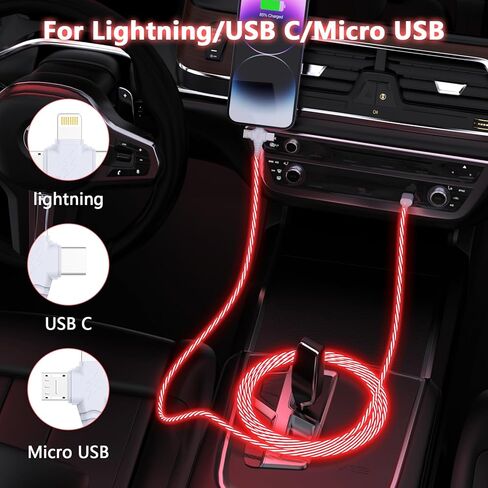 كابل شحن متوهج متعدد 3 في 1 LED متدفق / نوع C/Micro USB للسيارة لهاتف iPhone، سلك متوهج RGB لهاتف Apple iPhone 15/14/13/12/11 Pro Max/XR/SE، iPad/Android/Samsung-6FT أحمر in Kuwait