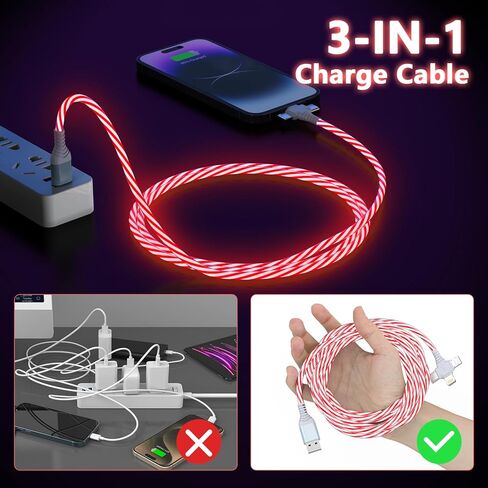 كابل شحن متوهج متعدد 3 في 1 LED متدفق / نوع C/Micro USB للسيارة لهاتف iPhone، سلك متوهج RGB لهاتف Apple iPhone 15/14/13/12/11 Pro Max/XR/SE، iPad/Android/Samsung-6FT أحمر in Kuwait