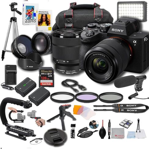 Sony A7 V Mirrorless Digital Camera 33MP w/ 28-70mm Lens, LED Light, Microphone, 128GB Extrem Speed, U-Grip, Filters, Tripod, Case, Software, & More – Pro Video Bundle (38pc) in Kuwait