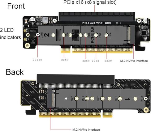 محول بطاقة توسيع مفتاح Fabater PCIe 5.0 X16 إلى Dual M.2 NVMe M لمحول 2230 2242 2260 2280 22110 SSD، متوافق مع الإصدارات السابقة مع 4.0، 3.0، سهل التركيب in Kuwait