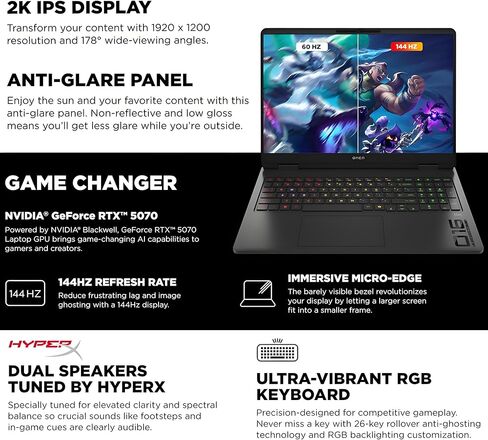 كمبيوتر محمول HP OMEN مقاس 16 بوصة للألعاب، Intel Ultra 9 285H 16-Core، NVIDIA GeForce RTX 5070 8GB، 16GB DDR5، 1TB PCIe SSD، شاشة IPS WUXGA 144 هرتز، WiFi 6E، لوحة مفاتيح بإضاءة خلفية RGB، Windows 11، موزع USB-C in Kuwait