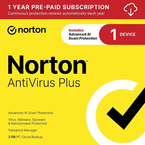 Norton AntiVirus Plus 2026 جاهز، برنامج مكافحة الفيروسات لجهاز واحد مع خاصية التجديد التلقائي - يتضمن حماية متقدمة من الاحتيال باستخدام الذكاء الاصطناعي، وإدارة كلمات المرور، والنسخ الاحتياطي على السحابة للكمبيوتر الشخصي [تنزيل] in Kuwait