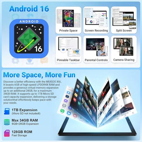 Android 16 Tablet, Octa-Core, 34GB+128GB+1TB Expandable, Gemini AI, 6000mAh Battery, Dual Camera, WiFi 6+BT5.4, Widevine L1 GMS, 10.1 Inch Tablet with Case, Keyboard, Mouse, Stylus in Kuwait