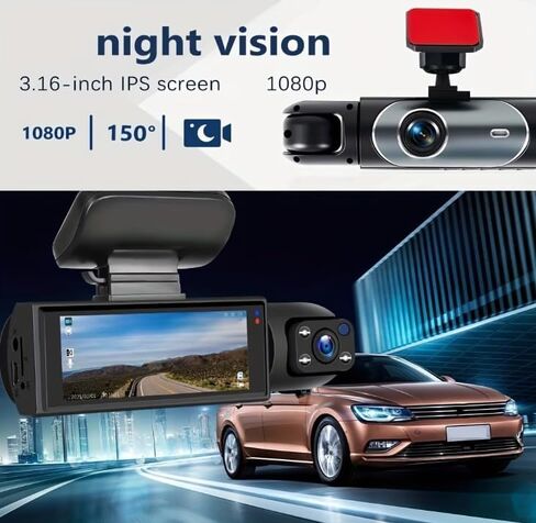 1080P Dual Lens Car Dash Cam, 360° Wide Angle Night Vision Driving Recorder, Front and Interior Monitoring for Vehicles, Memory Card Not Included in Kuwait