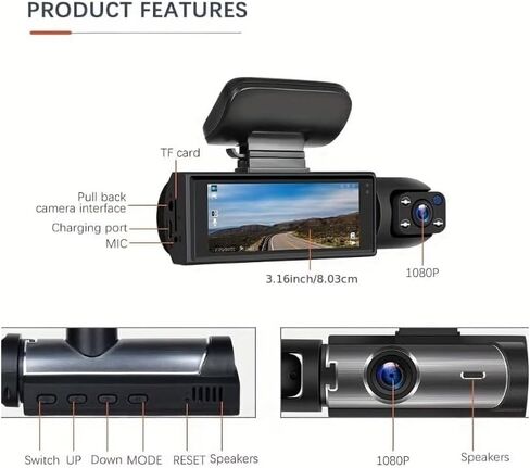 1080P Dual Lens Car Dash Cam, 360° Wide Angle Night Vision Driving Recorder, Front and Interior Monitoring for Vehicles, Memory Card Not Included in Kuwait