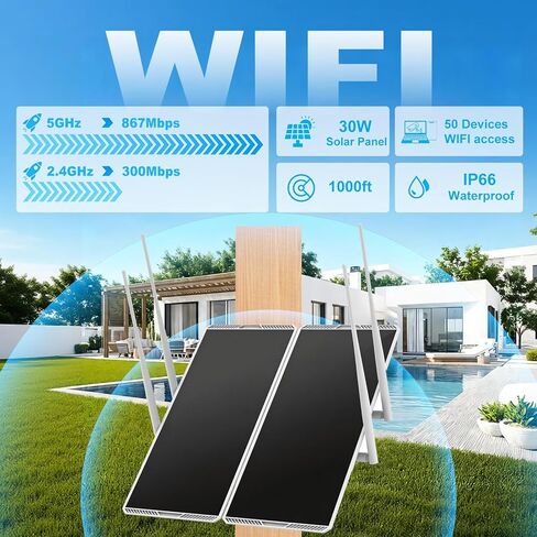 30W Solar Panel Outdoor Dual Band 5G/2.4G WiFi Repeater Extender Booster,1000ft Coverage 1200Mbps,111Wh Battery,IP66,Supports 50 Devices,for Garden, Farm & Ranch in Kuwait