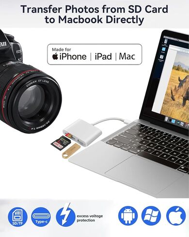 محول بطاقة USB 3.0 من النوع C إلى SD/TF لهاتف iPhone 17 16 15، قارئ بطاقة USB C SD معتمد من Apple MFi، قارئ بطاقة ذاكرة 3 في 1 مع فتحات مزدوجة ومنفذ USB لأجهزة iPad/Mac/MacBook Pro/Air Mini in Kuwait