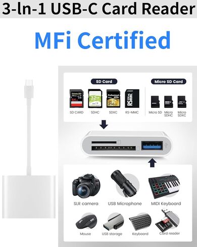 محول بطاقة USB 3.0 من النوع C إلى SD/TF لهاتف iPhone 17 16 15، قارئ بطاقة USB C SD معتمد من Apple MFi، قارئ بطاقة ذاكرة 3 في 1 مع فتحات مزدوجة ومنفذ USB لأجهزة iPad/Mac/MacBook Pro/Air Mini in Kuwait