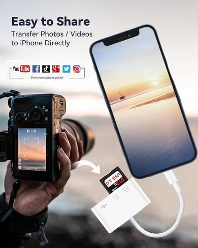 محول بطاقة USB 3.0 من النوع C إلى SD/TF لهاتف iPhone 17 16 15، قارئ بطاقة USB C SD معتمد من Apple MFi، قارئ بطاقة ذاكرة 3 في 1 مع فتحات مزدوجة ومنفذ USB لأجهزة iPad/Mac/MacBook Pro/Air Mini in Kuwait