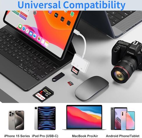 محول بطاقة USB 3.0 من النوع C إلى SD/TF لهاتف iPhone 17 16 15، قارئ بطاقة USB C SD معتمد من Apple MFi، قارئ بطاقة ذاكرة 3 في 1 مع فتحات مزدوجة ومنفذ USB لأجهزة iPad/Mac/MacBook Pro/Air Mini in Kuwait