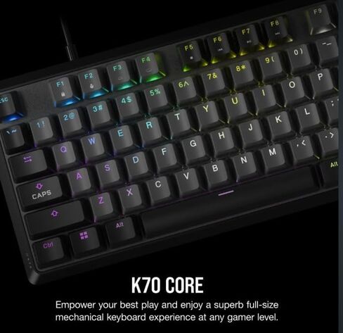 لوحة مفاتيح الألعاب السلكية الميكانيكية Corsair K70 CORE RGB - مفاتيح خطية حمراء MLX مشحمة مسبقًا، SOCD، أغطية مفاتيح ABS مزدوجة اللقطة، قرص التحكم في الوسائط، اقتراع 1000 هرتز، QWERTY NA - رمادي فولاذي (متجدد) in Kuwait