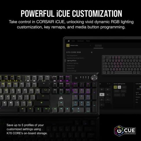 لوحة مفاتيح الألعاب السلكية الميكانيكية Corsair K70 CORE RGB - مفاتيح خطية حمراء MLX مشحمة مسبقًا، SOCD، أغطية مفاتيح ABS مزدوجة اللقطة، قرص التحكم في الوسائط، اقتراع 1000 هرتز، QWERTY NA - رمادي فولاذي (متجدد) in Kuwait