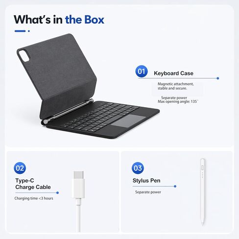 حافظة لوحة مفاتيح لجهاز iPad Air 11 بوصة (M4 2026/M3 2025/M2 2024)، iPad Pro 11 بوصة الجيل الأول/الثاني/الثالث/الجيل الرابع، iPad Air 10.9 بوصة الجيل الرابع/الخامس، لوحة مفاتيح مغناطيسية على الطراز السحري مع لوحة تتبع وقلم لمس in Kuwait