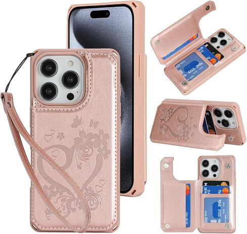 iCoverCase متوافق مع حافظة هاتف iPhone 15 Pro مع حامل بطاقات للنساء، حافظة بحزام معصم من جلد البولي يوريثان المنقوش بحجب RFID (قلب ذهبي) in Kuwait