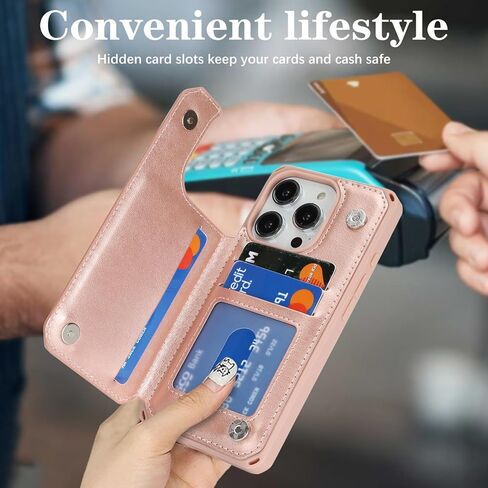 iCoverCase متوافق مع حافظة هاتف iPhone 15 Pro مع حامل بطاقات للنساء، حافظة بحزام معصم من جلد البولي يوريثان المنقوش بحجب RFID (قلب ذهبي) in Kuwait