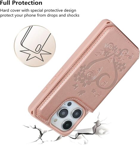 iCoverCase متوافق مع حافظة هاتف iPhone 15 Pro مع حامل بطاقات للنساء، حافظة بحزام معصم من جلد البولي يوريثان المنقوش بحجب RFID (قلب ذهبي) in Kuwait