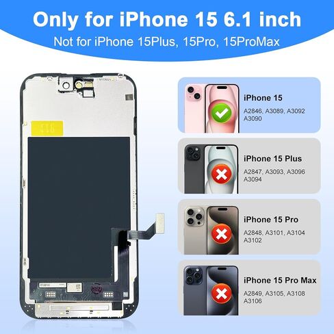 iPhone 15 LCD Screen Replacement 6.1 Inch - Haptic Touch Display Digitizer Assembly with Full Repair Tools Kit, Perfectly Compatible with iPhone 15 Models (A2893, A2894, A2895, A2896) in Kuwait