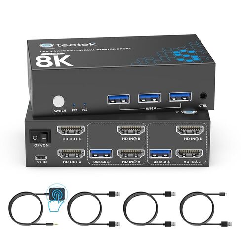 Hearvo 8K@60Hz HDMI KVM Switch 2 Monitors 2 Computers, Dual Monitor KVM Switch with EDID Adaptive, USB Sharing, Keyboard Mouse Printer Control, S7229H2 in Kuwait