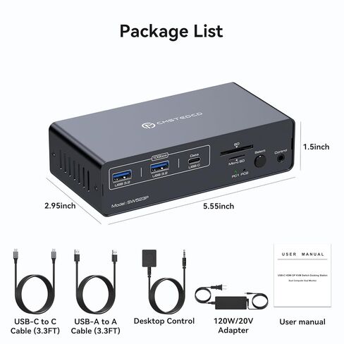 محطة إرساء KVM 4K120 هرتز USB C KVM Switch 2 شاشات 2 جهاز كمبيوتر مع منفذ عرض PD 100W PD شاشة مزدوجة KVM-Switches لأجهزة الكمبيوتر المحمول وسطح المكتب مشاركة قاعدة توصيل 14 في 1 in Kuwait