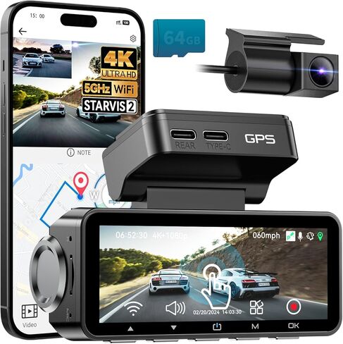 Dash Cam Front Rear 4K Built-in GPS 5GHz WiFi, 3.39’’ IPS Screen, Voice Control, Dual Dash Camera for Cars Free 64GB SD Card, Super Night Vision, 24H Parking Monitor, Supercapacitor, Type C, WDR in Saudi Arabia