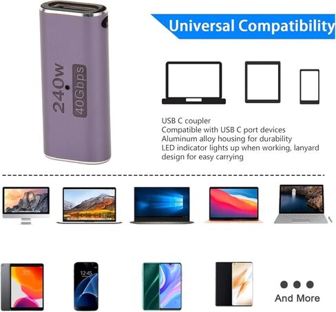 240W 40Gbps USB 4.0 C Female to Female Adapter, Aluminum Alloy USB Type C PD Coupler with LED Indicator, Supports 8K 60Hz Video Output in Kuwait