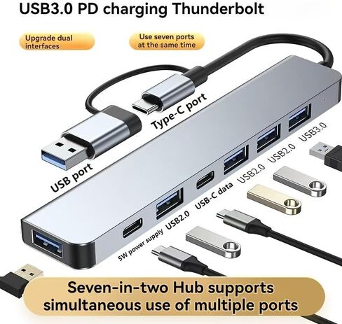7-in-2 High-Speed USB 3.0 Hub with Aluminum Alloy Casing for Laptops and Desktops, Featuring a Type-C Docking Station. It Includes Multiple USB and Type-C Ports (7-in-2) in Kuwait