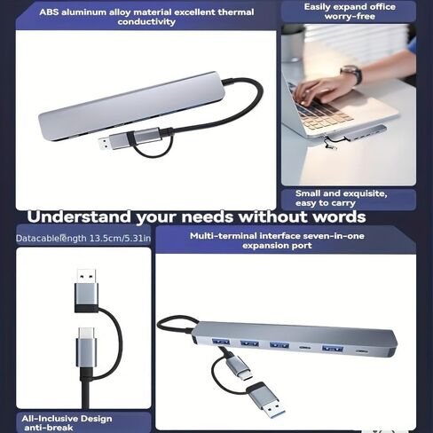 7-in-2 High-Speed USB 3.0 Hub with Aluminum Alloy Casing for Laptops and Desktops, Featuring a Type-C Docking Station. It Includes Multiple USB and Type-C Ports (7-in-2) in Kuwait