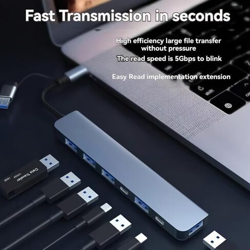 7-in-2 High-Speed USB 3.0 Hub with Aluminum Alloy Casing for Laptops and Desktops, Featuring a Type-C Docking Station. It Includes Multiple USB and Type-C Ports (7-in-2) in Kuwait