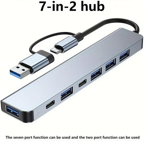 7-in-2 High-Speed USB 3.0 Hub with Aluminum Alloy Casing for Laptops and Desktops, Featuring a Type-C Docking Station. It Includes Multiple USB and Type-C Ports (7-in-2) in Kuwait