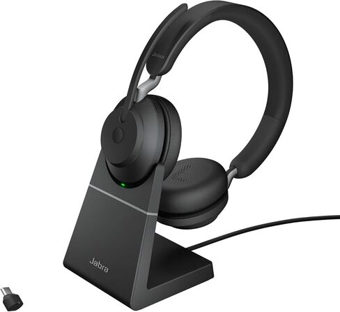 جابرا Evolve2 65 سماعة بلوتوث لاسلكية مع ميكروفون للمكالمات والموسيقى، سماعات أذن مزدوجة مع محول USB-A وحامل شحن، بطارية تصل إلى 37 ساعة، تعمل مع Microsoft Teams، أسود in Saudi Arabia