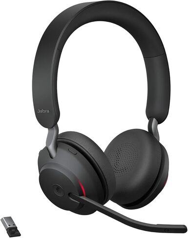 جابرا Evolve2 65 سماعة بلوتوث لاسلكية مع ميكروفون للمكالمات والموسيقى، سماعات أذن مزدوجة مع محول USB-A وحامل شحن، بطارية تصل إلى 37 ساعة، تعمل مع Microsoft Teams، أسود in Saudi Arabia