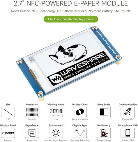 Waveshare 2PCS 2.7inch Passive-Powered E-Paper Module, Novel Passive NFC Technology, No Battery Required, No More Battery Life Trouble, Black and White Display Colors in Kuwait