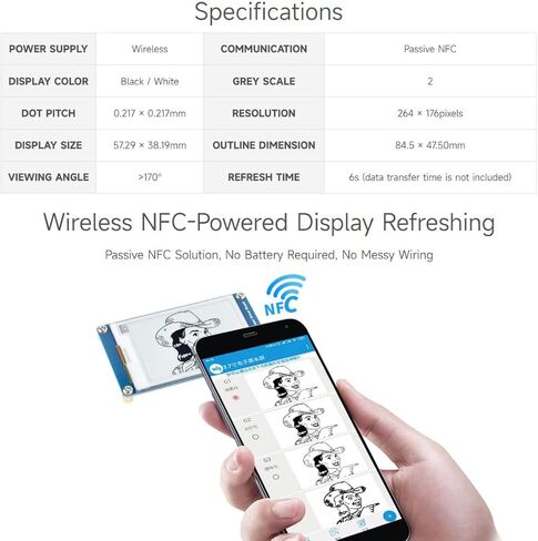 Waveshare 2PCS 2.7inch Passive-Powered E-Paper Module, Novel Passive NFC Technology, No Battery Required, No More Battery Life Trouble, Black and White Display Colors in Kuwait