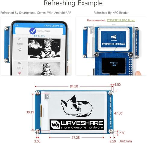 Waveshare 2PCS 2.7inch Passive-Powered E-Paper Module, Novel Passive NFC Technology, No Battery Required, No More Battery Life Trouble, Black and White Display Colors in Kuwait