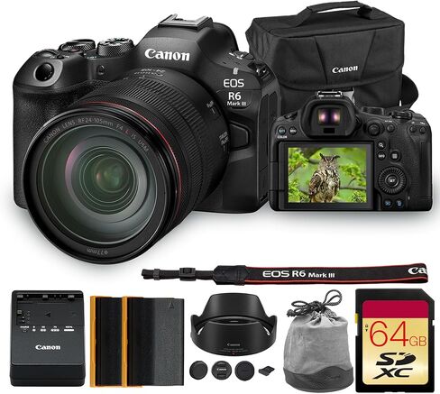 Canon EOS R6 Mark III Mirrorless Camera with 24-105mm f/4L is USM Lens | Full-Frame RF Camera with Advanced AF & 4K Video | for Weddings, Events & Creators + 64GB Card + LP-E6P Battery + 200ES Bag in Kuwait
