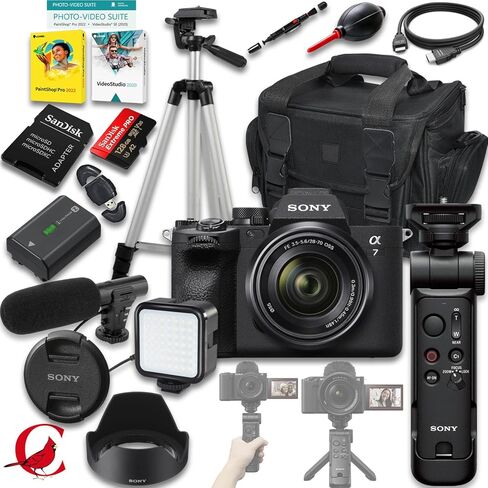 Sony a7 IV Mirrorless Camera with FE 28-70mm f/3.5-5.6 OSS Lens + Sony GP-VPT3 Wireless Shooting Grip + 128 GB Memory Card + LED Light + Microphone + More (22pc Bundle) in Kuwait