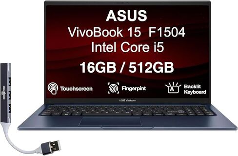 كمبيوتر محمول ASUS VivoBook 15 بشاشة لمس IPS FHD مقاس 15.6 بوصة (Intel i5-1334U، 16 جيجابايت DDR4، 512 جيجابايت SSD، لوحة مفاتيح بإضاءة خلفية، بصمة الإصبع، لوحة مفاتيح رقمية، WiFi، BT، Win 11 Pro) مع موسع منفذ USB DKZ in Kuwait