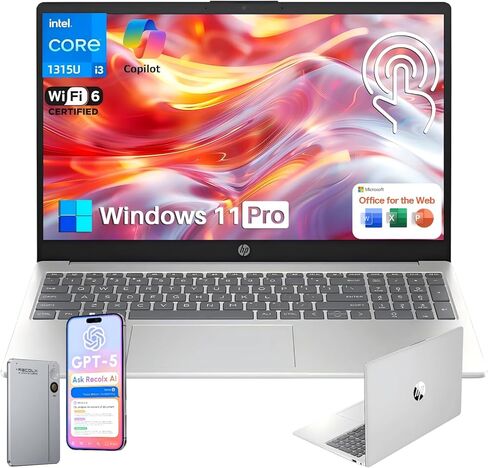 كمبيوتر محمول HP بشاشة لمس 15.6 للطلاب والأعمال، Intel Core i3-1315U (حتى 4.5 جيجا هرتز)، ذاكرة الوصول العشوائي 16 جيجا، 512 جيجا SSD، Copilot AI، Wi-Fi 6، كاميرا HD، Windows 11 Pro، فضي طبيعي، مع مسجل صوت RECOLX AI in Kuwait