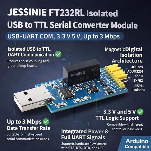 FT232RL Isolated USB to TTL Serial Converter Module, USB‑UART COM, 3.3 V 5 V, Up to 3 Mbps in Kuwait