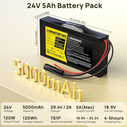 24V 5Ah Lithium Battery, 24 Volt Rechargeable Battery with 29.4V 2A Charger, Battery Level Indicator, Bare Leads & Cable Connector for Kids Ride on Cars, DIY Projects, Speaker Box, LED Strip in Kuwait