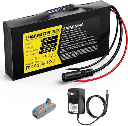 24V 5Ah Lithium Battery, 24 Volt Rechargeable Battery with 29.4V 2A Charger, Battery Level Indicator, Bare Leads & Cable Connector for Kids Ride on Cars, DIY Projects, Speaker Box, LED Strip in Saudi Arabia