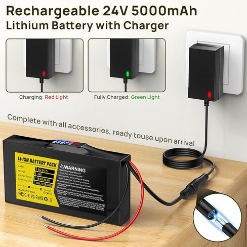 24V 5Ah Lithium Battery, 24 Volt Rechargeable Battery with 29.4V 2A Charger, Battery Level Indicator, Bare Leads & Cable Connector for Kids Ride on Cars, DIY Projects, Speaker Box, LED Strip in Kuwait