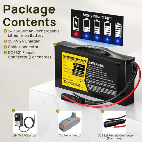 24V 5Ah Lithium Battery, 24 Volt Rechargeable Battery with 29.4V 2A Charger, Battery Level Indicator, Bare Leads & Cable Connector for Kids Ride on Cars, DIY Projects, Speaker Box, LED Strip in Saudi Arabia