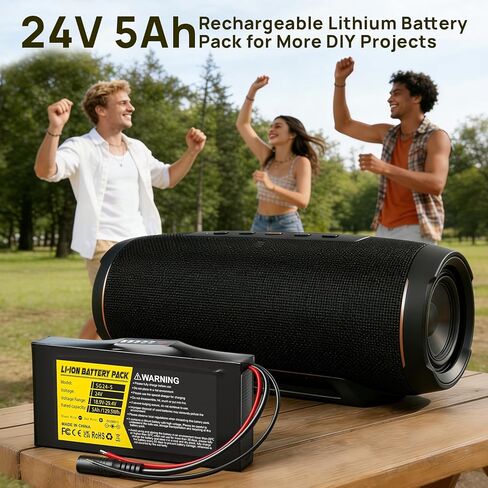 24V 5Ah Lithium Battery, 24 Volt Rechargeable Battery with 29.4V 2A Charger, Battery Level Indicator, Bare Leads & Cable Connector for Kids Ride on Cars, DIY Projects, Speaker Box, LED Strip in Kuwait