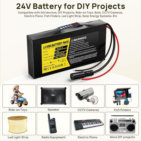 24V 5Ah Lithium Battery, 24 Volt Rechargeable Battery with 29.4V 2A Charger, Battery Level Indicator, Bare Leads & Cable Connector for Kids Ride on Cars, DIY Projects, Speaker Box, LED Strip in Kuwait