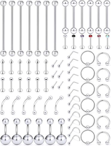 Vsnnsns 14G-20G Body Jewelry Piercing Lot Stainless Steel Nose Horseshoe Lip Tongue Eyebrow Septum Ring Cartilage Tragus Earrings Navel Belly Button Rings Barbells Body Piercing Jewelry 72Pcs in Saudi Arabia