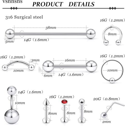 Vsnnsns 14G-20G Body Jewelry Piercing Lot Stainless Steel Nose Horseshoe Lip Tongue Eyebrow Septum Ring Cartilage Tragus Earrings Navel Belly Button Rings Barbells Body Piercing Jewelry 72Pcs in Saudi Arabia