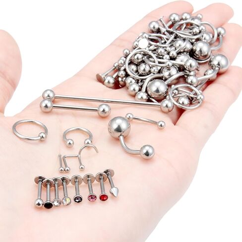 Vsnnsns 14G-20G Body Jewelry Piercing Lot Stainless Steel Nose Horseshoe Lip Tongue Eyebrow Septum Ring Cartilage Tragus Earrings Navel Belly Button Rings Barbells Body Piercing Jewelry 72Pcs in Saudi Arabia