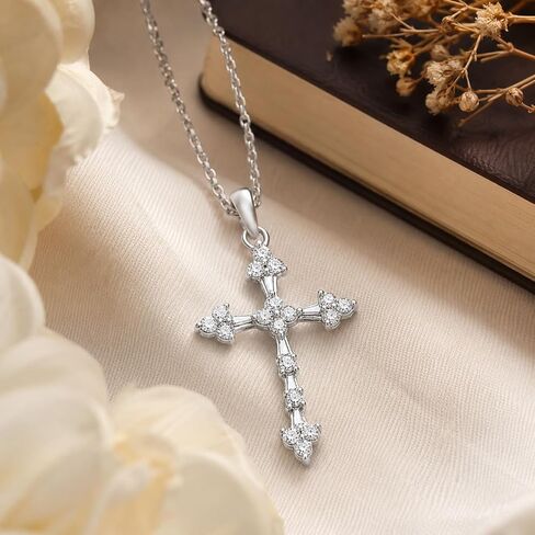 Jewelili 10K الذهب 1/4 Cttw الأبيض الطبيعي جولة الماس قلادة الصليب، 18 "سلسلة حبل in Saudi Arabia